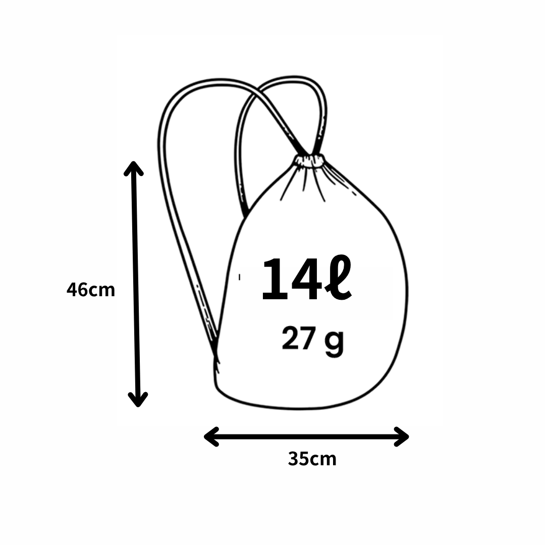 パック 14L のサイズ：広げると46×35cm、重さ27g